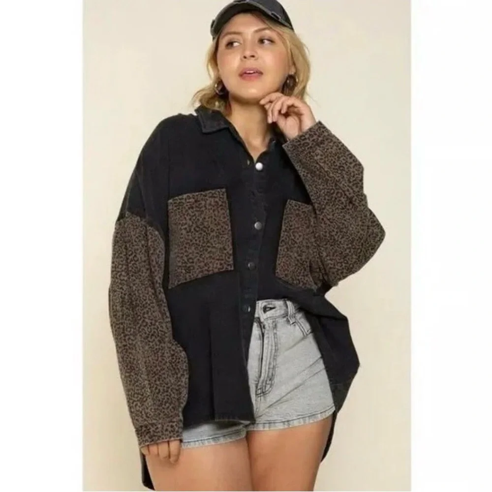 POL Black Denim and Leopard Print Jacket - Picture 2 of 4